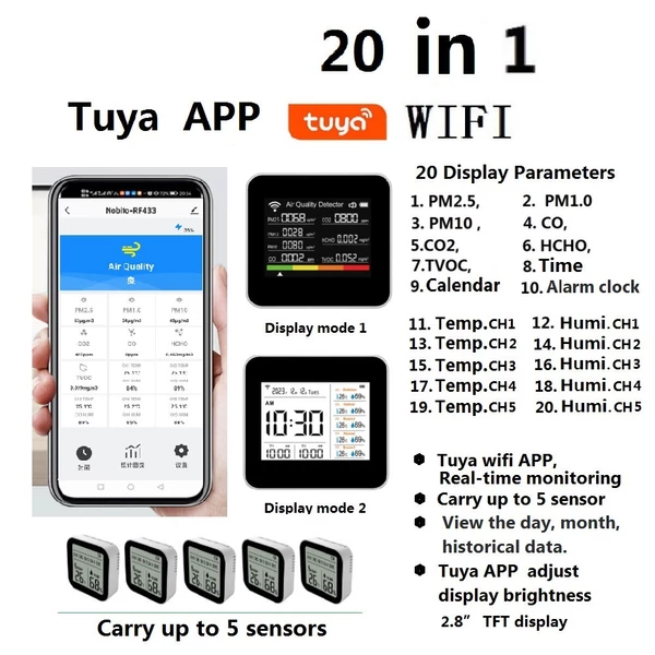 20 az 1-ben Tuya WIFI intelligens levegőminőség-figyelő, beltéri CO2-érzékelő (5 alegységgel)