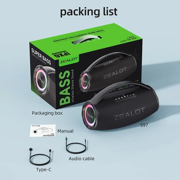ZEALOT S97 80 W vezeték nélküli BT hangszóró erőteljes basszussal és színes fényekkel - Szürke