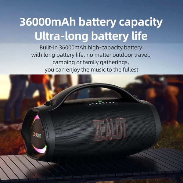 ZEALOT S98 BT vezeték nélküli sztereó hangszóró 150 W-os dübörgő hanggal, színes fényekkel - Fekete