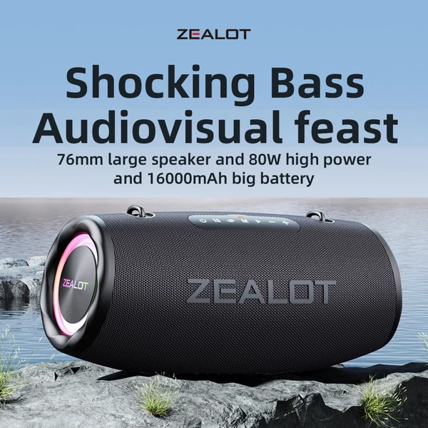 ZEALOT S87 BT hangszóró - Vezeték nélküli, 80 W-os bömbölő hang, LED világítás, vízálló, hordozható - Fekete