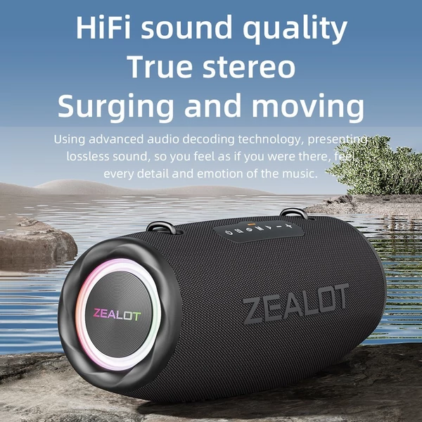 ZEALOT S87 BT hangszóró - Vezeték nélküli, 80 W-os bömbölő hang, LED világítás, vízálló, hordozható - Fekete
