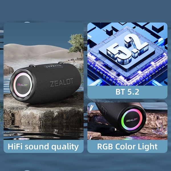 ZEALOT S87 BT hangszóró - Vezeték nélküli, 80 W-os bömbölő hang, LED világítás, vízálló, hordozható - Terepszínű