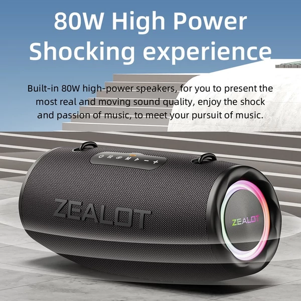 ZEALOT S87 BT hangszóró - Vezeték nélküli, 80 W-os bömbölő hang, LED világítás, vízálló, hordozható - Terepszínű