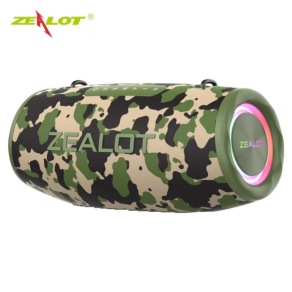 ZEALOT S87 BT hangszóró - Vezeték nélküli, 80 W-os bömbölő hang, LED világítás, vízálló, hordozható - Terepszínű