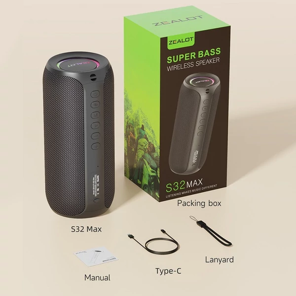 ZEALOT S32 Max: nagy hatékonyságú hordozható vezeték nélküli hangszóró BT 5.2 technológiával és RGB fényeffektusokkal - Terepszínű