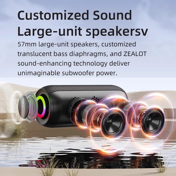 ZEALOT S32 Max: nagy hatékonyságú hordozható vezeték nélküli hangszóró BT 5.2 technológiával és RGB fényeffektusokkal - Szürke