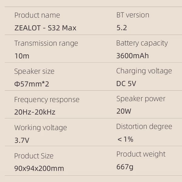 ZEALOT S32 Max: nagy hatékonyságú hordozható vezeték nélküli hangszóró BT 5.2 technológiával és RGB fényeffektusokkal - Szürke