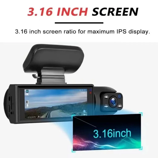 1080P DVR Dash kamera, első és belső kettős kamerás menetrögzítő 3,16 hüvelykes IPS képernyővel