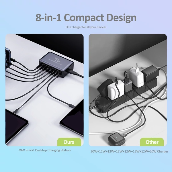 70W 8 portos USB-C gyorstöltő állomás okostelefonhoz, fejhallgatóhoz, órához, PD20W gyors töltő hub - Fekete