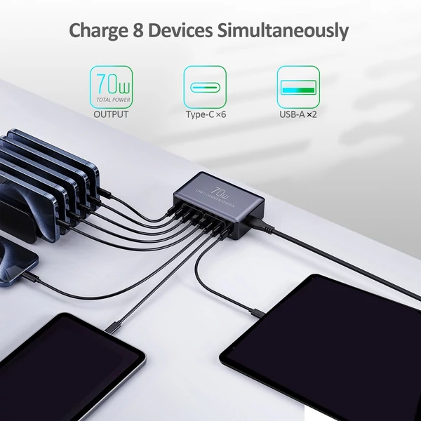 70W 8 portos USB-C gyorstöltő állomás okostelefonhoz, fejhallgatóhoz, órához, PD20W gyors töltő hub - Fekete