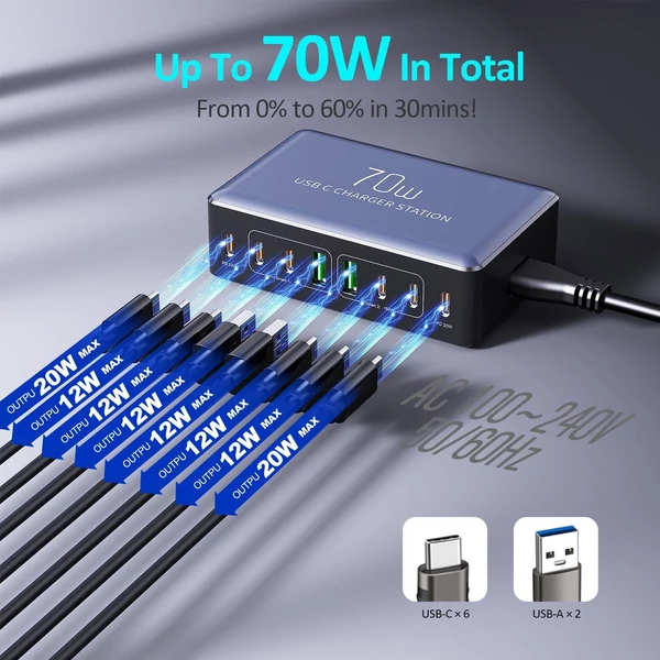 70W 8 portos USB-C gyorstöltő állomás okostelefonhoz, fejhallgatóhoz, órához, PD20W gyors töltő hub - Fekete