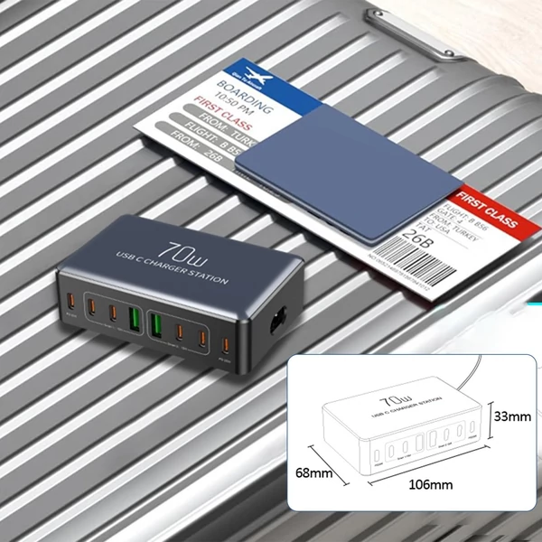 70W 8 portos USB-C gyorstöltő állomás okostelefonhoz, fejhallgatóhoz, órához, PD20W gyors töltő hub - Fekete