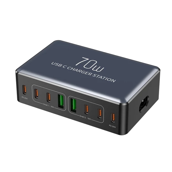 70W 8 portos USB-C gyorstöltő állomás okostelefonhoz, fejhallgatóhoz, órához, PD20W gyors töltő hub - Fekete