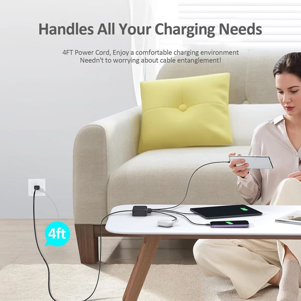 70W 8 portos USB-C gyorstöltő állomás okostelefonhoz, fejhallgatóhoz, órához, PD20W gyors töltő hub - Fekete