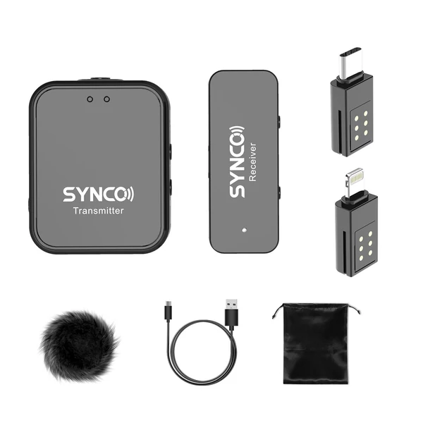 SYNCO G1TL 2,4G vezeték nélküli mikrofonrendszer, rögzíthető mikrofon adóval + mini vevőkészülékkel 2 csatlakozóval