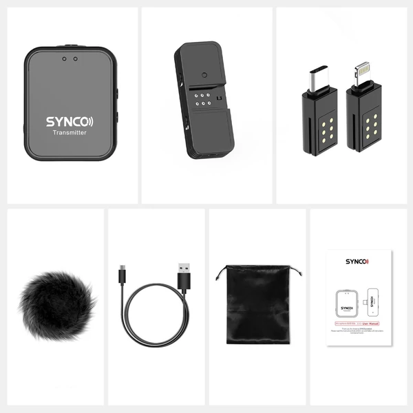 SYNCO G1TL 2,4G vezeték nélküli mikrofonrendszer, rögzíthető mikrofon adóval + mini vevőkészülékkel 2 csatlakozóval