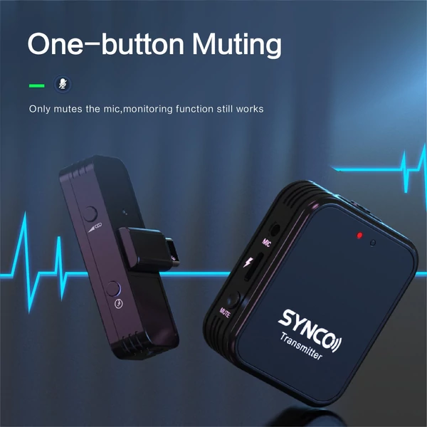SYNCO G1TL 2,4G vezeték nélküli mikrofonrendszer, rögzíthető mikrofon adóval + mini vevőkészülékkel 2 csatlakozóval