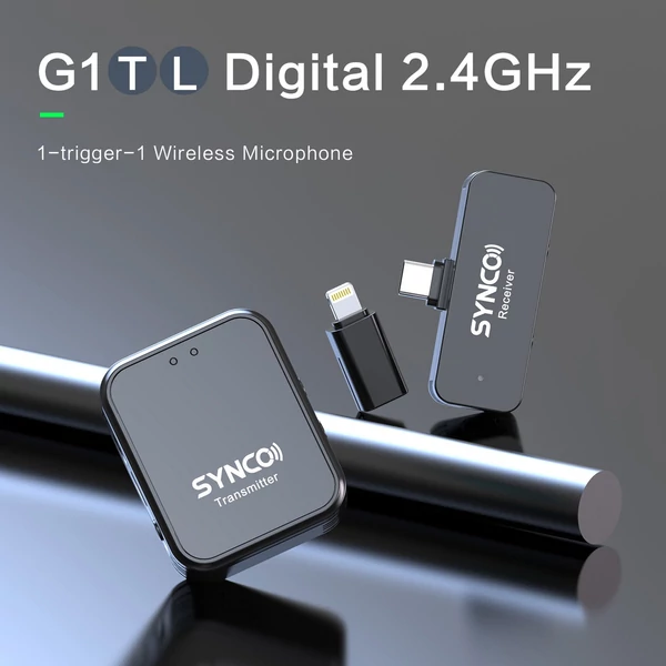 SYNCO G1TL 2,4G vezeték nélküli mikrofonrendszer, rögzíthető mikrofon adóval + mini vevőkészülékkel 2 csatlakozóval