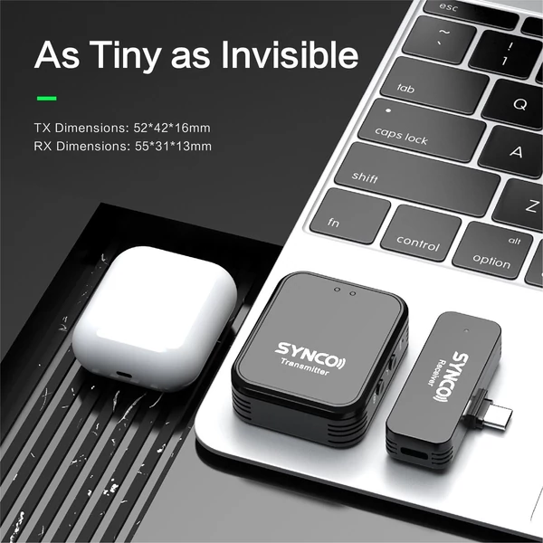 SYNCO G1TL 2,4G vezeték nélküli mikrofonrendszer, rögzíthető mikrofon adóval + mini vevőkészülékkel 2 csatlakozóval