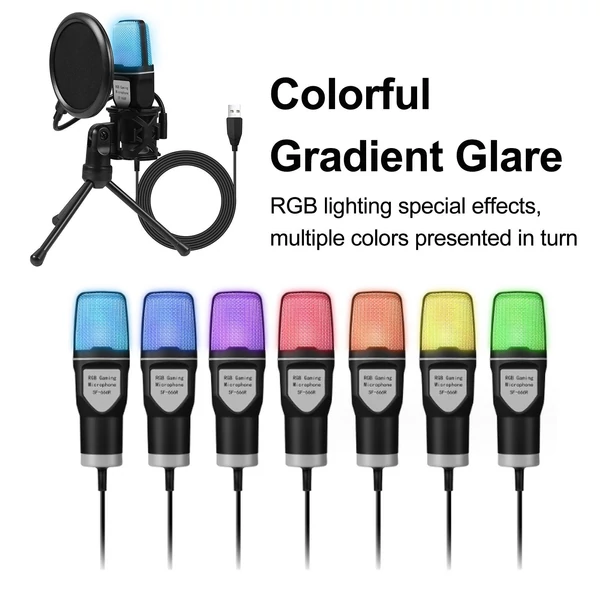 RGB hétszínű világító USB kondenzátor mikrofon játékhoz és videózáshoz