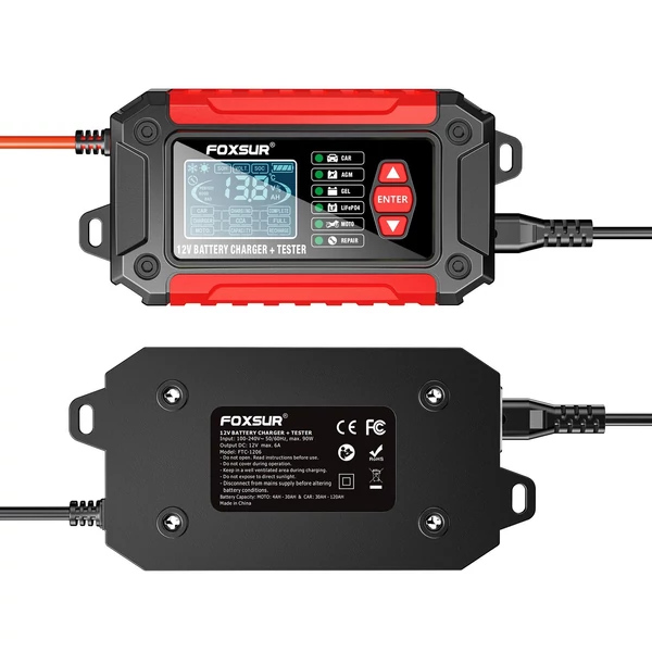 FOXSUR 12V 6 Amperes akkumulátortöltő és teszter - Piros
