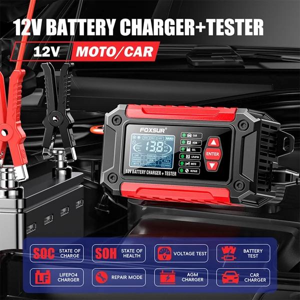FOXSUR 12V 6 Amperes akkumulátortöltő és teszter - Piros