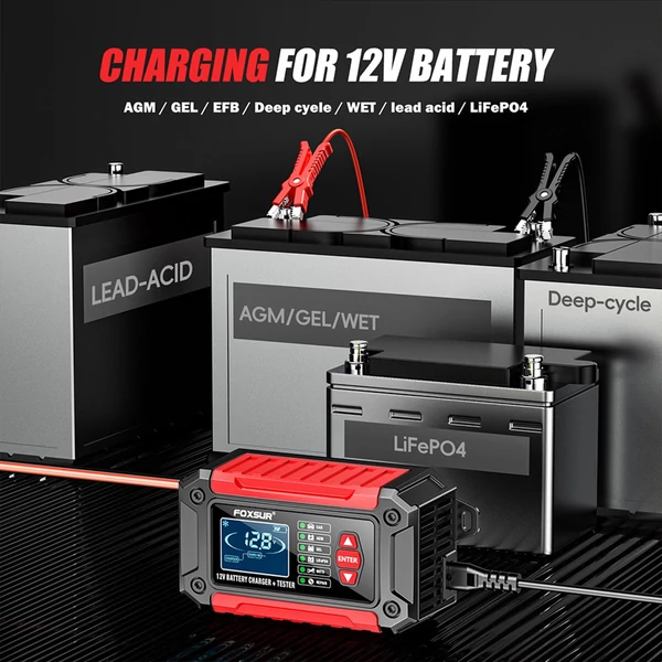 FOXSUR 12V 6 Amperes akkumulátortöltő és teszter - Piros