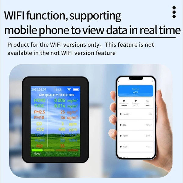 Tuya WiFi multifunkcionális levegőminőség mérő háztartási HCHO / TVOC / szén-monoxid / CO2, PM2.5 / PM10 teszter - Fekete