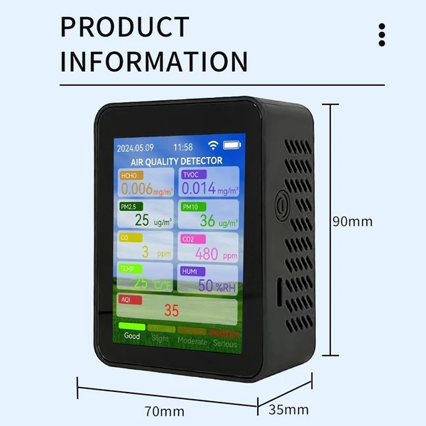 Tuya WiFi multifunkcionális levegőminőség mérő háztartási HCHO / TVOC / szén-monoxid / CO2, PM2.5 / PM10 teszter - Fekete