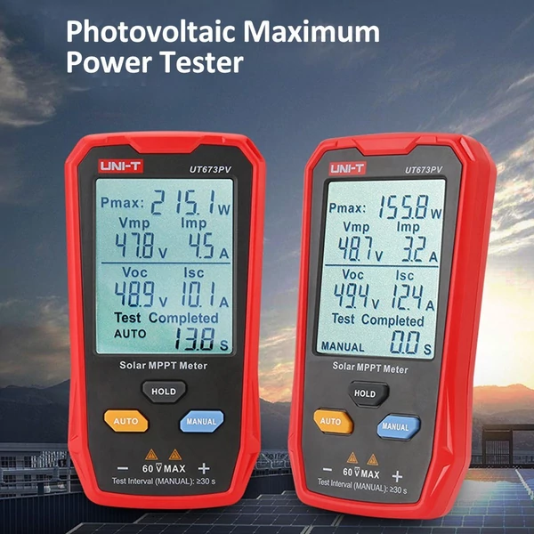 UNI-T UT673PV napelemes MPPT mérő, fotovoltaikus teljesítménymérő, csúcsteljesítmény, feszültség, áram teszt