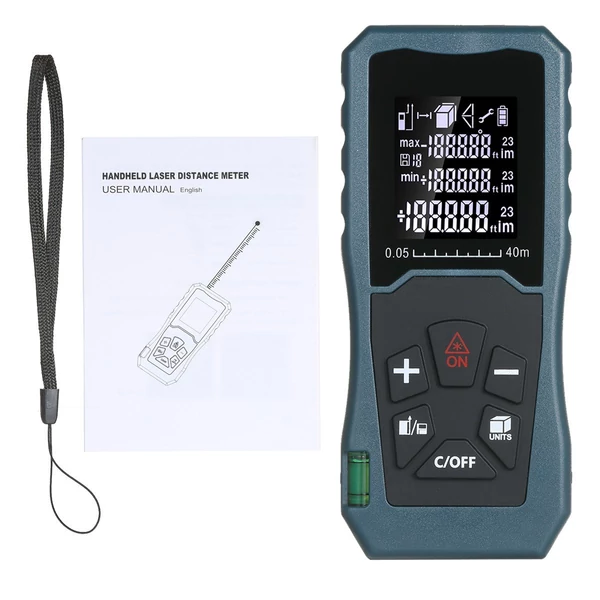 Lézeres távolságmérő, kézi 1,6 hüvelykes LCD, buborékszint (40m)