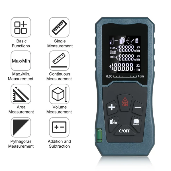 Lézeres távolságmérő, kézi 1,6 hüvelykes LCD, buborékszint (40m)