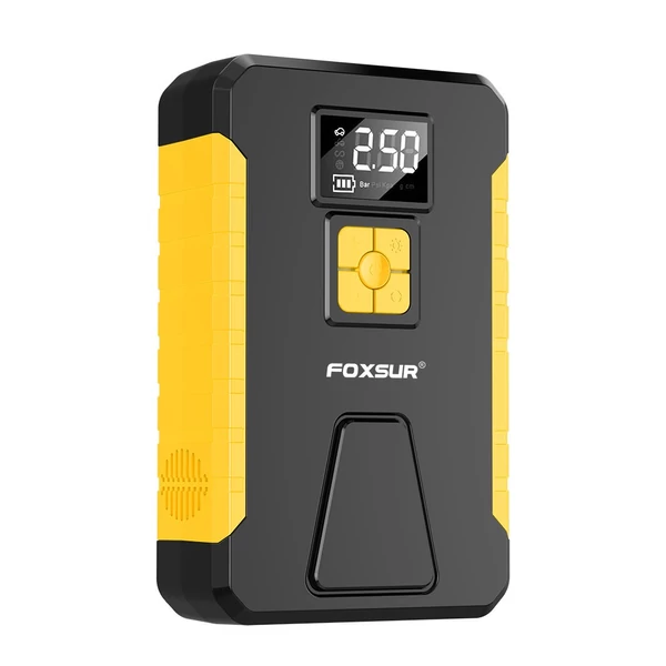 FOXSUR hordozható akkumulátoros kompresszor, 26800mAh indítóval, LED-del, autóhoz, motorhoz, biciklihez, labdához