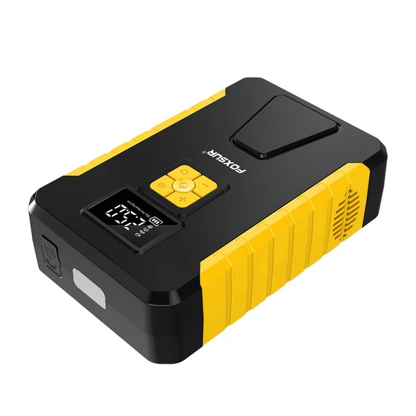 FOXSUR hordozható akkumulátoros kompresszor, 26800mAh indítóval, LED-del, autóhoz, motorhoz, biciklihez, labdához