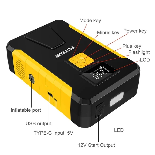 FOXSUR hordozható akkumulátoros kompresszor, 26800mAh indítóval, LED-del, autóhoz, motorhoz, biciklihez, labdához