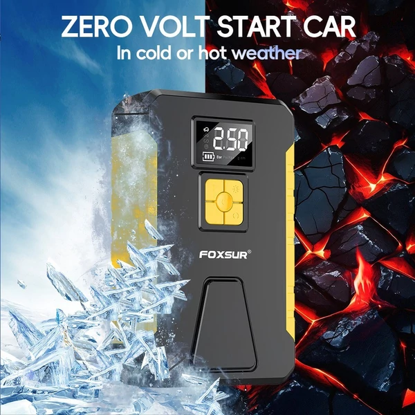 FOXSUR hordozható akkumulátoros kompresszor, 26800mAh indítóval, LED-del, autóhoz, motorhoz, biciklihez, labdához