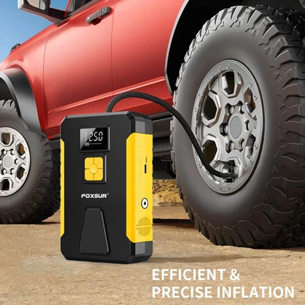 FOXSUR hordozható akkumulátoros kompresszor, 26800mAh indítóval, LED-del, autóhoz, motorhoz, biciklihez, labdához
