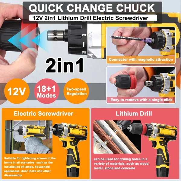 12 V 2 az 1-ben lítium fúró elektromos csavarhúzó, többfunkciós elektromos szerszám (2 db akkumulátorral)
