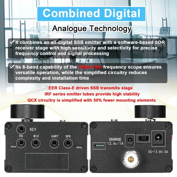uSDR uSDX 8 sáv, SDR All Mode, nagyfrekvenciás SSB QRP adó-vevő tápellátással és SWR jelzővel