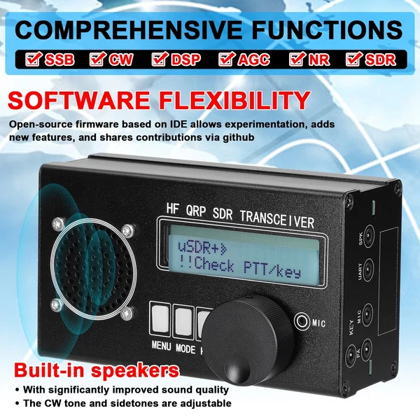 uSDR uSDX 8 sáv, SDR All Mode, nagyfrekvenciás SSB QRP adó-vevő tápellátással és SWR jelzővel