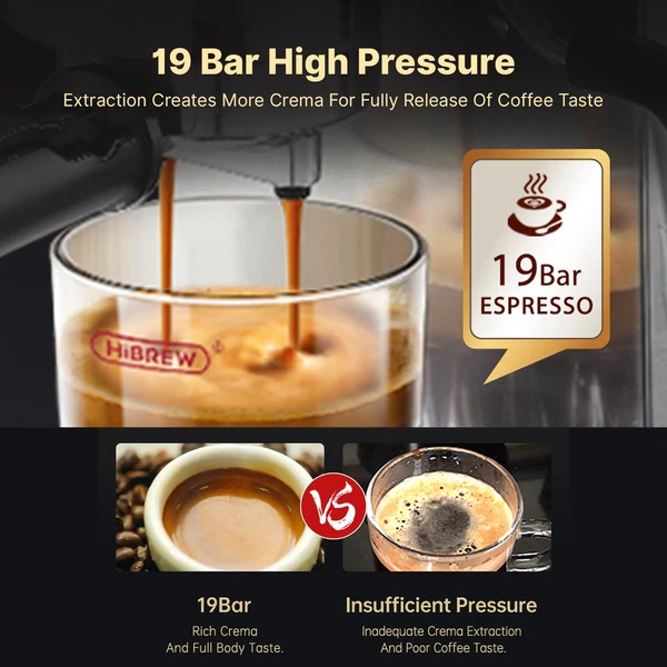 HiBREW H11 kompakt kávéfőző tejhabosító rendszerrel, érintésvezérléssel, 19 bar egyszeri és dupla adaggal