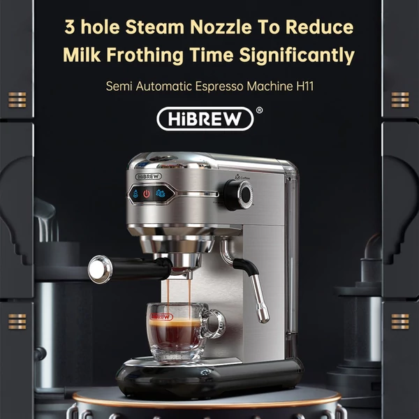 HiBREW H11 kompakt kávéfőző tejhabosító rendszerrel, érintésvezérléssel, 19 bar egyszeri és dupla adaggal