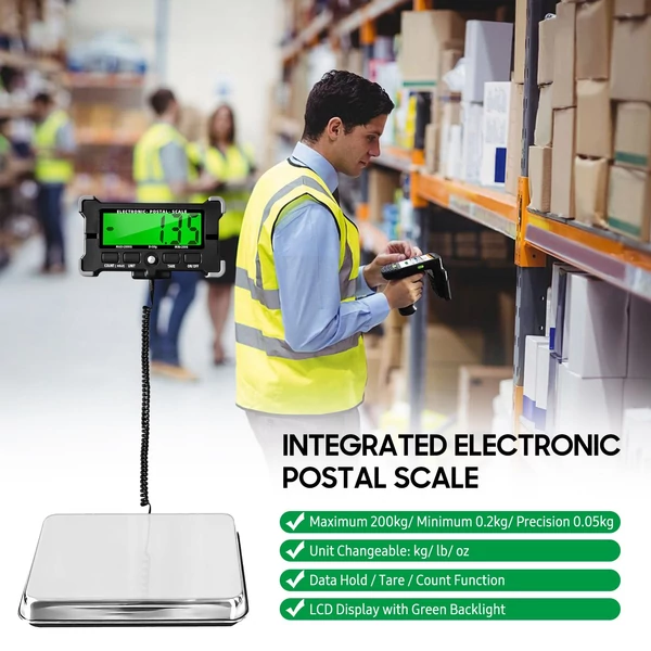 200 kg-os elektronikus postai mérleg, 0,05 kg-os precíziós integrált rozsdamentes acél digitális mérleg LCD háttérvilágítású kijelzővel