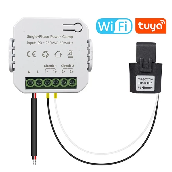 Tuya Wifi egyfázisú energiamérő (80A) CT bilinccsel, mobiltelefon alkalmazás - 1db CT