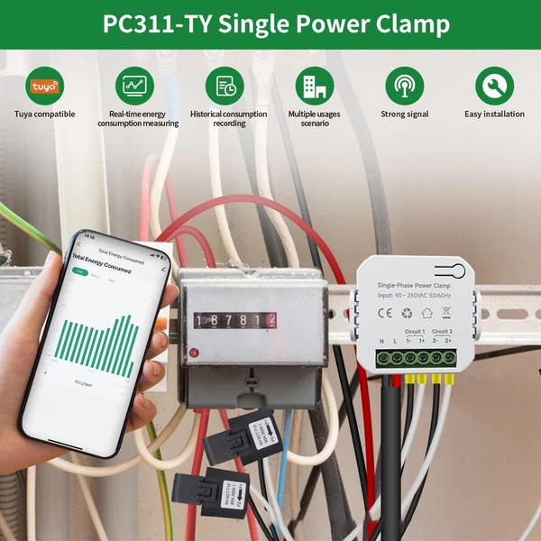 Tuya Wifi egyfázisú energiamérő (80A) CT bilinccsel, mobiltelefon alkalmazás - 2db CT