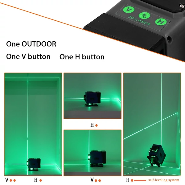 Mini többfunkciós, 12 soros lézeres 3°-os önszintező gép, USB újratölthető lítium akkumulátor - Fekete
