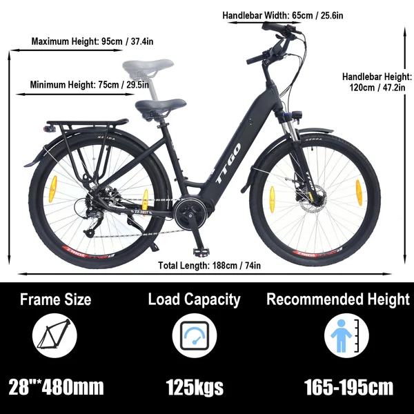 TTGO LK-ZZ-28ST városi elektromos kerékpár, 700C*45C gumik, női E kerékpár, 250W motor, 36V 20Ah akkumulátor - Fekete