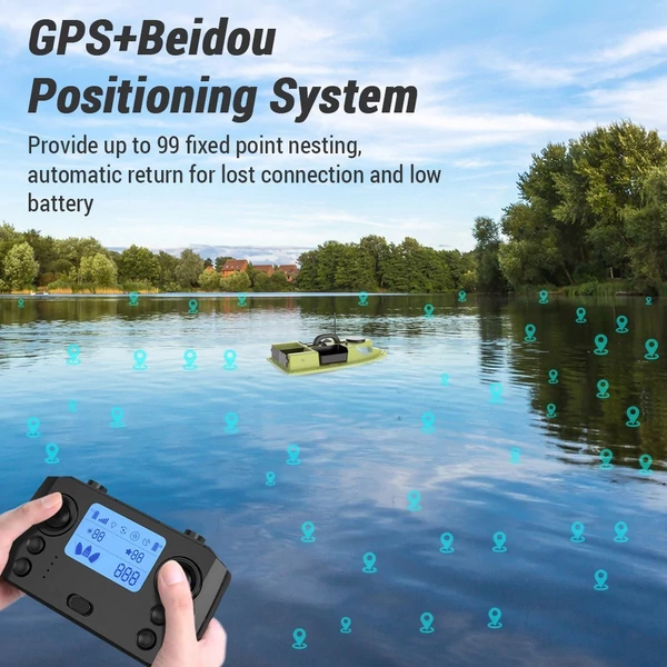 99 csalihely GPS RC csalicsónak, 500 méteres hatótávú vezeték nélküli távirányító - Sárga, 5200 mAh akkumulátor
