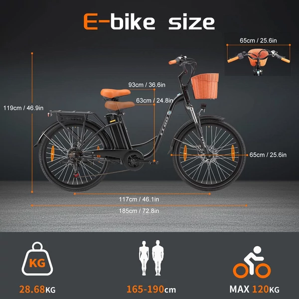 TTGO YY-26ST elektromos kerékpár, 26*1,95 hüvelykes gumik, E kerékpár férfi/női, 250 W-os motor - Fekete