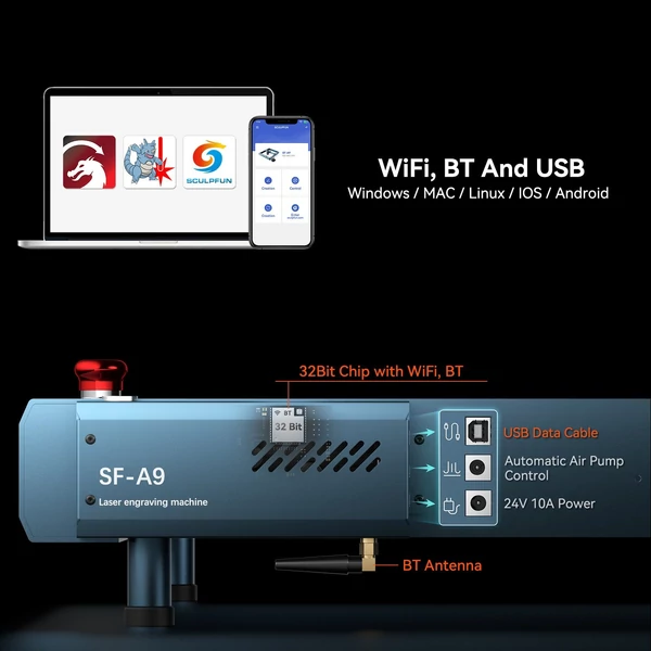 Sculpfun SF-A9 40 W lézergravírozó / vágógép ultrafinom lézerponttal, 0,1 mm/0,15 mm állítható, precíz pozícionálás, automatikus légsegéd